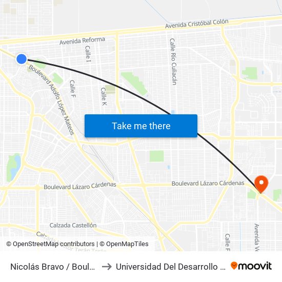 Nicolás Bravo / Boulevard Adolfo López Mateos to Universidad Del Desarrollo Profesional S.C. (Unidad Mexicali) map