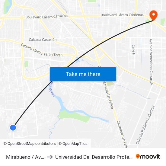 Mirabueno / Avenida Cisneros to Universidad Del Desarrollo Profesional S.C. (Unidad Mexicali) map