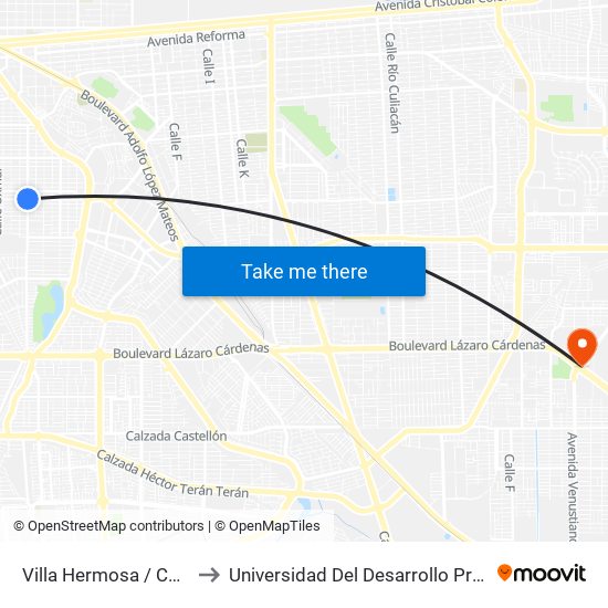 Villa Hermosa / Calzada Independencia to Universidad Del Desarrollo Profesional S.C. (Unidad Mexicali) map