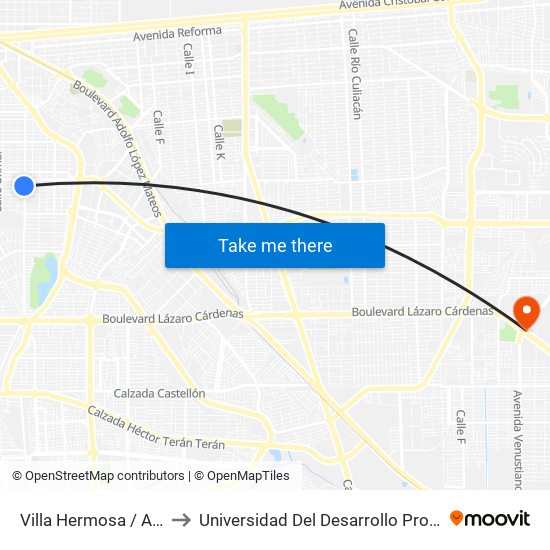 Villa Hermosa / Avenida Tamaulipas to Universidad Del Desarrollo Profesional S.C. (Unidad Mexicali) map