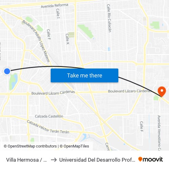 Villa Hermosa / Avenida Tecomán to Universidad Del Desarrollo Profesional S.C. (Unidad Mexicali) map