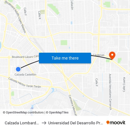 Calzada Lombardo Toledano / Burgos to Universidad Del Desarrollo Profesional S.C. (Unidad Mexicali) map