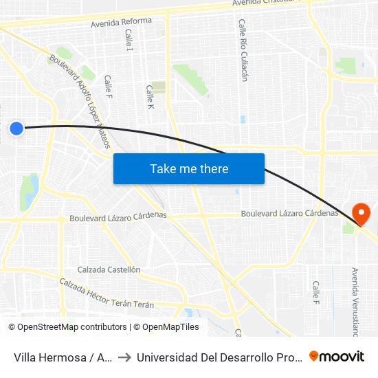 Villa Hermosa / Avenida Tamaulipas to Universidad Del Desarrollo Profesional S.C. (Unidad Mexicali) map