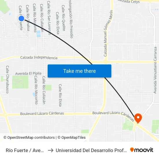 Río Fuerte / Avenida Juan Escutia to Universidad Del Desarrollo Profesional S.C. (Unidad Mexicali) map