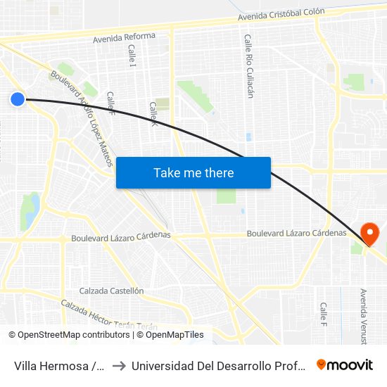 Villa Hermosa / Avenida Puebla to Universidad Del Desarrollo Profesional S.C. (Unidad Mexicali) map