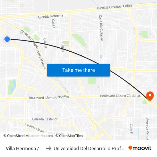 Villa Hermosa / Avenida Oaxaca to Universidad Del Desarrollo Profesional S.C. (Unidad Mexicali) map