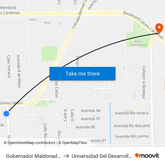 Gobernador Maldonado / Avenida Presa López Zamora to Universidad Del Desarrollo Profesional S.C. (Unidad Mexicali) map
