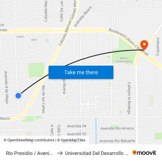 Río Presidio / Avenida Expropiación Petrolera to Universidad Del Desarrollo Profesional S.C. (Unidad Mexicali) map