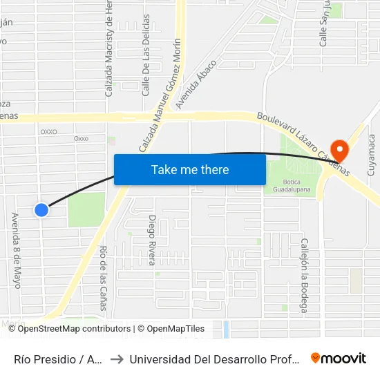 Río Presidio / Avenida Jiquilpan to Universidad Del Desarrollo Profesional S.C. (Unidad Mexicali) map