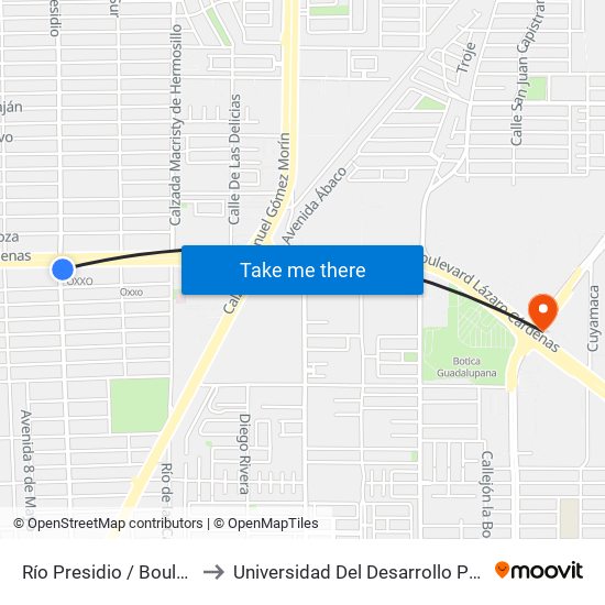 Río Presidio / Boulevard Lázaro Cárdenas to Universidad Del Desarrollo Profesional S.C. (Unidad Mexicali) map
