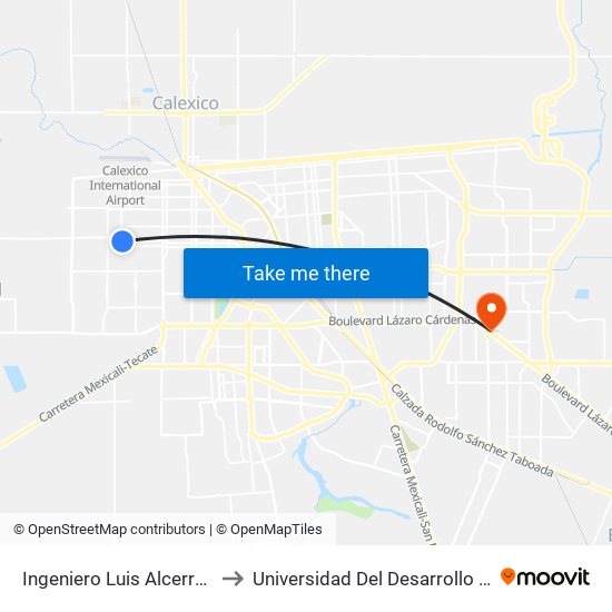 Ingeniero Luis Alcerrega / Boulevard Luis Álvarez to Universidad Del Desarrollo Profesional S.C. (Unidad Mexicali) map
