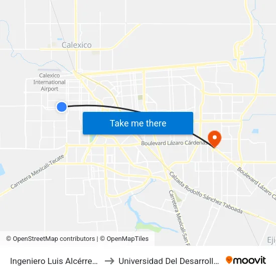 Ingeniero Luis Alcérrega / Bahía De Todos Los Santos to Universidad Del Desarrollo Profesional S.C. (Unidad Mexicali) map