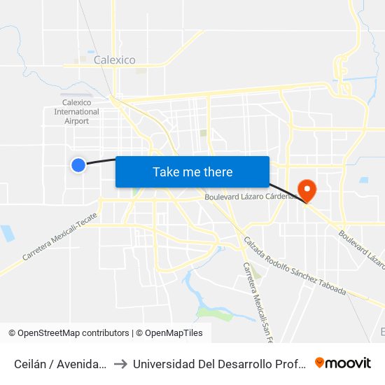 Ceilán / Avenida Checoslovaquia to Universidad Del Desarrollo Profesional S.C. (Unidad Mexicali) map