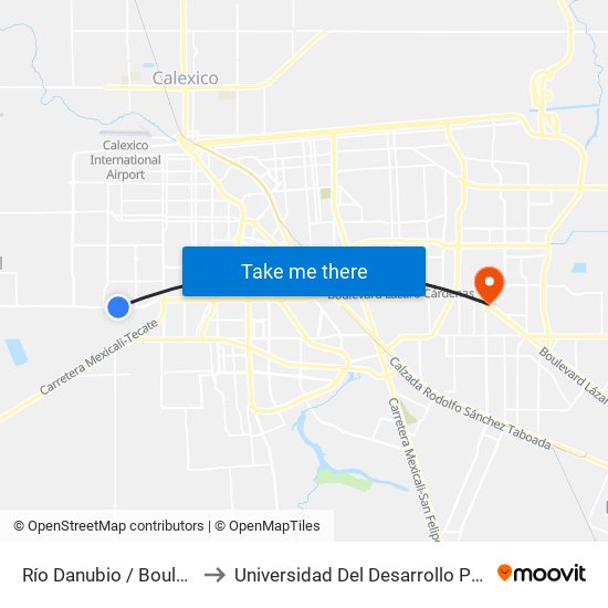 Río Danubio / Boulevard Lázaro Cárdenas to Universidad Del Desarrollo Profesional S.C. (Unidad Mexicali) map