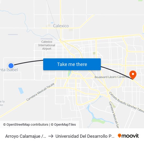 Arroyo Calamajue / Avenida El Portezuelo to Universidad Del Desarrollo Profesional S.C. (Unidad Mexicali) map