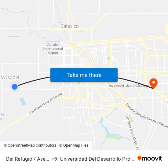 Del Refugio / Avenida San Cristóbal to Universidad Del Desarrollo Profesional S.C. (Unidad Mexicali) map