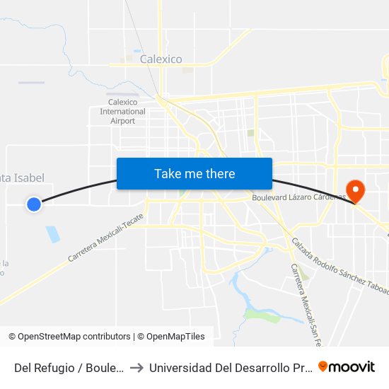 Del Refugio / Boulevard Lázaro Cárdenas to Universidad Del Desarrollo Profesional S.C. (Unidad Mexicali) map