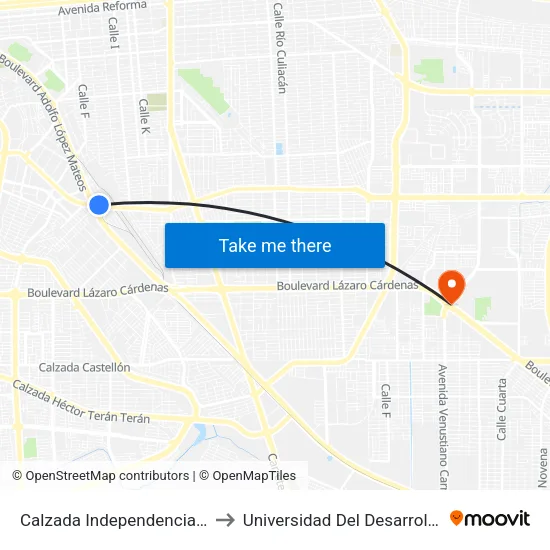 Calzada Independencia / Boulevard Adolfo López Mateos to Universidad Del Desarrollo Profesional S.C. (Unidad Mexicali) map