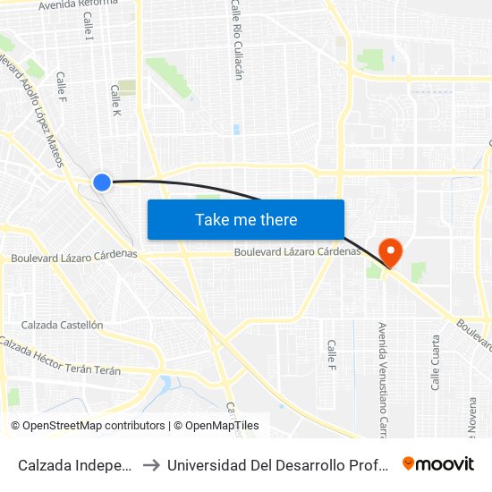 Calzada Independencia / Calle I to Universidad Del Desarrollo Profesional S.C. (Unidad Mexicali) map