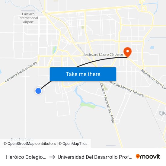 Heróico Colegio Militar / Raboso to Universidad Del Desarrollo Profesional S.C. (Unidad Mexicali) map