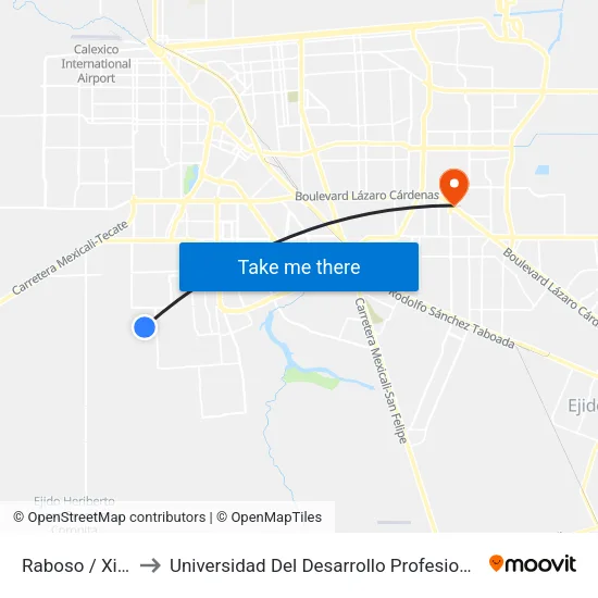 Raboso / Xicalahuata to Universidad Del Desarrollo Profesional S.C. (Unidad Mexicali) map