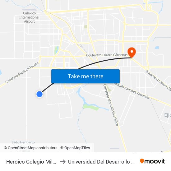 Heróico Colegio Militar / Hacienda Caracheo to Universidad Del Desarrollo Profesional S.C. (Unidad Mexicali) map