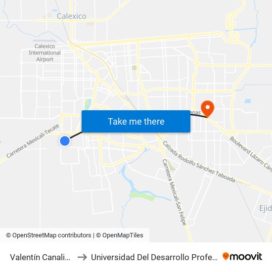 Valentín Canalizó / Federación to Universidad Del Desarrollo Profesional S.C. (Unidad Mexicali) map