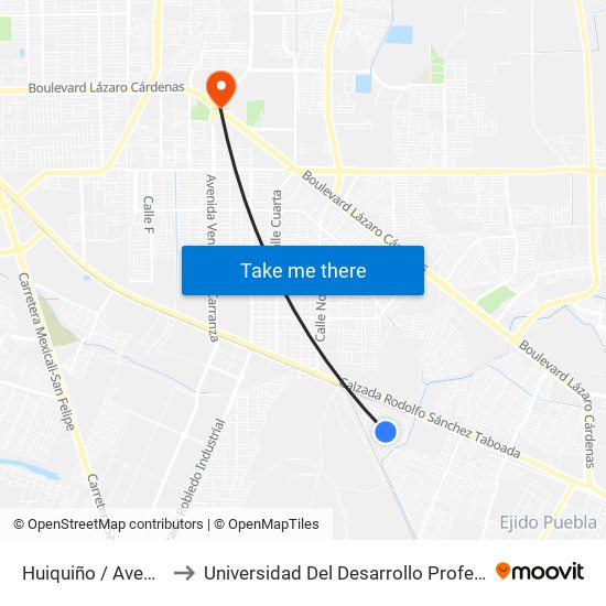 Huiquiño / Avenida Huazontles to Universidad Del Desarrollo Profesional S.C. (Unidad Mexicali) map