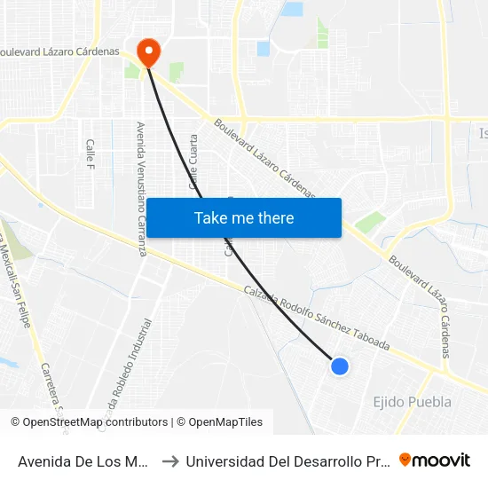 Avenida De Los Mosaicos / Tlaxcaltecas to Universidad Del Desarrollo Profesional S.C. (Unidad Mexicali) map