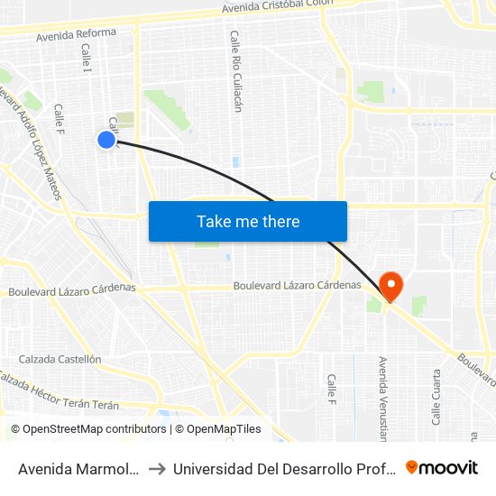 Avenida Marmoleros Sur / Calle J to Universidad Del Desarrollo Profesional S.C. (Unidad Mexicali) map