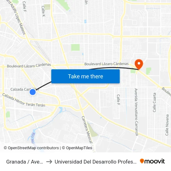 Granada / Avenida Córdoba to Universidad Del Desarrollo Profesional S.C. (Unidad Mexicali) map