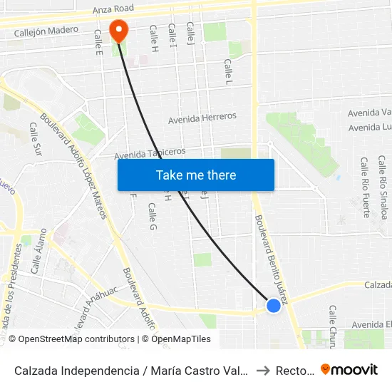Calzada Independencia / María Castro Valenzuela to Rectoria map