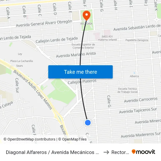 Diagonal Alfareros / Avenida Mecánicos Sur to Rectoria map