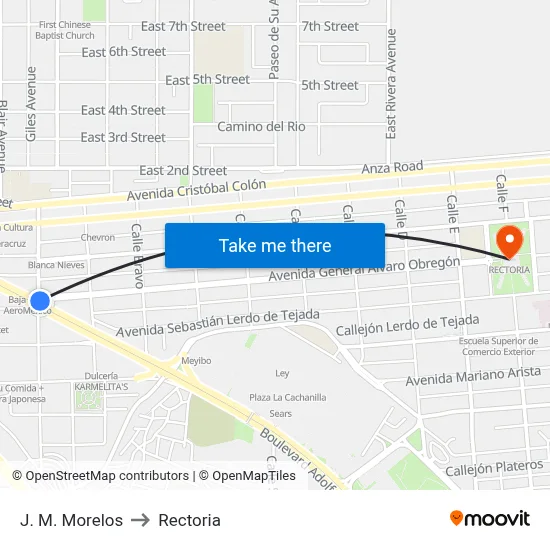 J. M. Morelos to Rectoria map