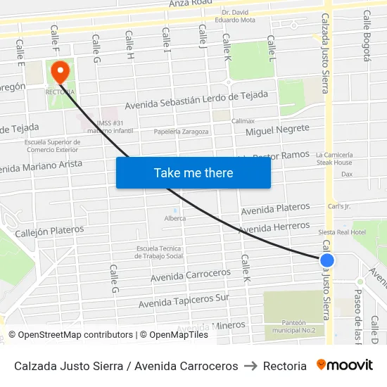 Calzada Justo Sierra / Avenida Carroceros to Rectoria map