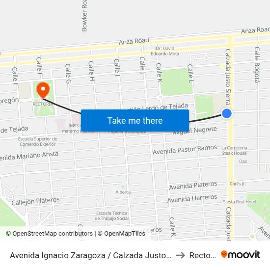 Avenida Ignacio Zaragoza / Calzada Justo Sierra to Rectoria map