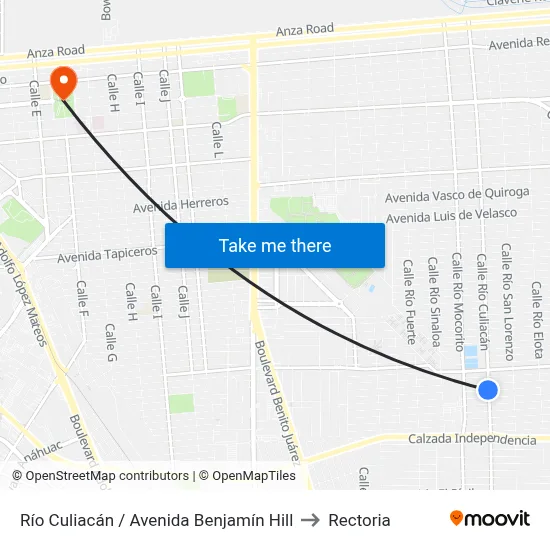 Río Culiacán / Avenida Benjamín Hill to Rectoria map