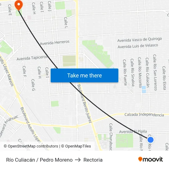 Río Culiacán / Pedro Moreno to Rectoria map