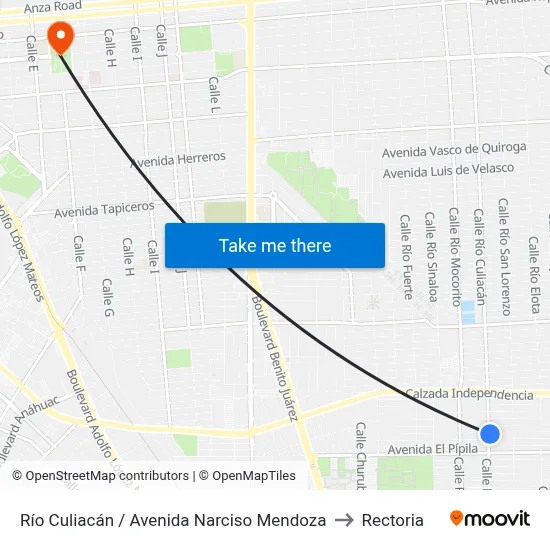 Río Culiacán / Avenida Narciso Mendoza to Rectoria map