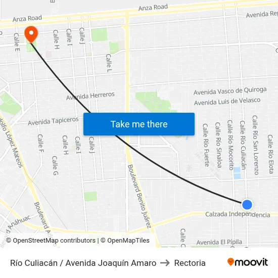 Río Culiacán / Avenida Joaquín Amaro to Rectoria map