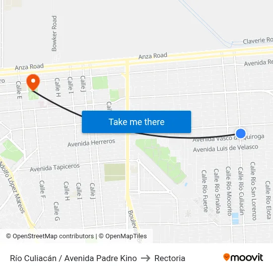 Río Culiacán / Avenida Padre Kino to Rectoria map