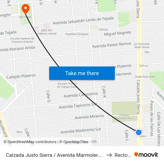 Calzada Justo Sierra / Avenida Marmoleros Sur to Rectoria map