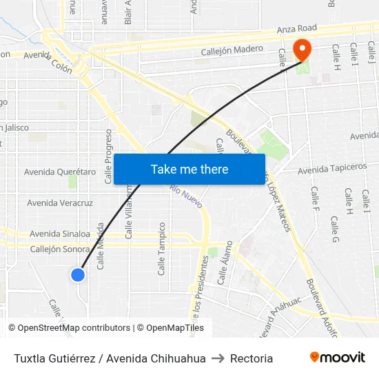 Tuxtla Gutiérrez / Avenida Chihuahua to Rectoria map