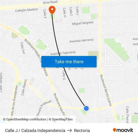 Calle J / Calzada Independencia to Rectoria map