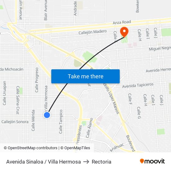 Avenida Sinaloa / Villa Hermosa to Rectoria map