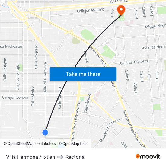 Villa Hermosa / Ixtlán to Rectoria map