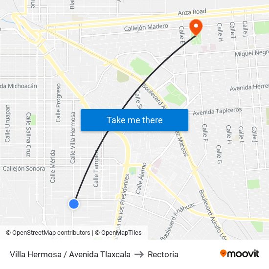 Villa Hermosa / Avenida Tlaxcala to Rectoria map