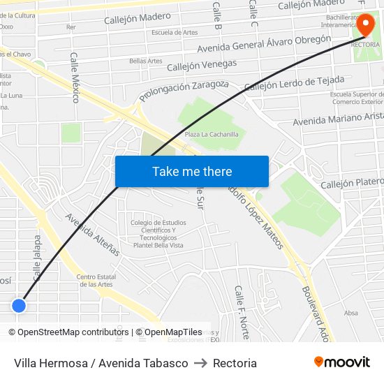 Villa Hermosa / Avenida Tabasco to Rectoria map