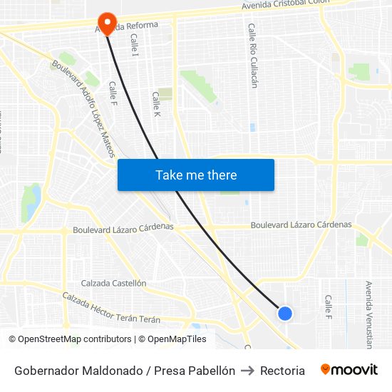 Gobernador Maldonado / Presa Pabellón to Rectoria map