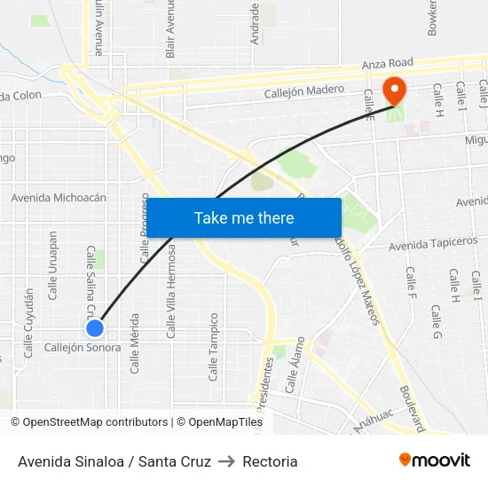 Avenida Sinaloa / Santa Cruz to Rectoria map